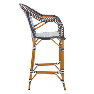 Safavieh CALIFORNIA Bar Stool - Elegant Outdoor Seating with Weather-Resistant Faux Wicker & Aluminum Frame Navy / White PAT7535E