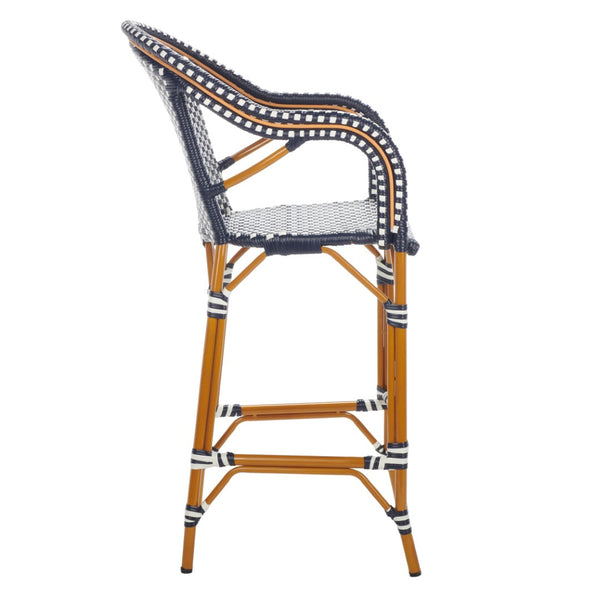 Safavieh CALIFORNIA Bar Stool - Elegant Outdoor Seating with Weather-Resistant Faux Wicker & Aluminum Frame Navy / White PAT7535E