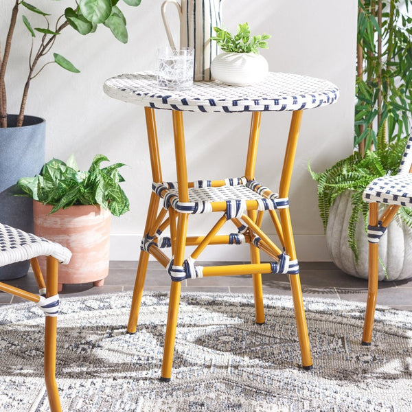 Safavieh CALIFORNIA Bistro Table - Coastal Charm & Durability for Small Outdoor Spaces, Perfect for Two! White / Navy PAT7536D