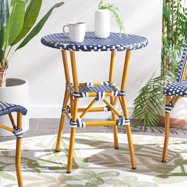 Safavieh CALIFORNIA Bistro Table - Coastal Charm & Durability for Small Outdoor Spaces, Perfect for Two! Navy / White PAT7536E