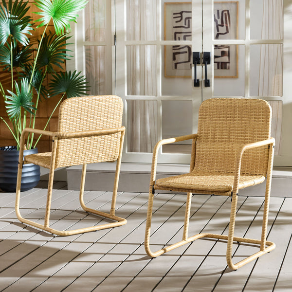 Drew Outdoor Dining Chairs Set Of 2 — Metal Frame With Woven Rattan Texture, Ergonomic Comfort