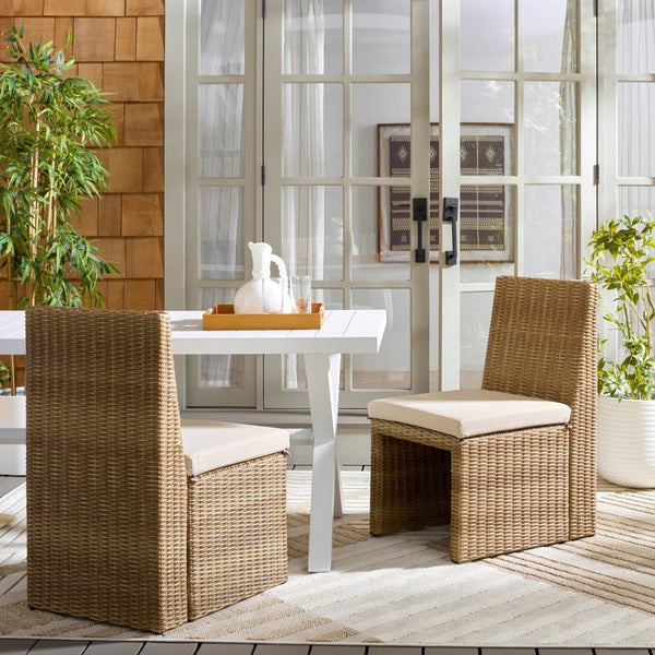 Safavieh EMMA Dining Chair Set of 2 - Stylish Natural Rattan & Taupe Upholstery for Indoor/Outdoor Use PAT7565A-SET2