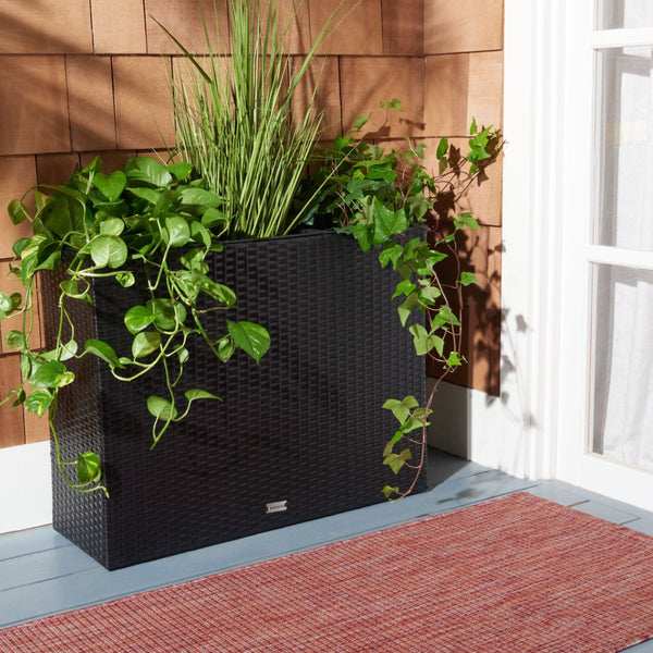 Safavieh RITA Flower Rack - Stylish Outdoor Planter with Wicker-Wrapped Metal Frame and Three Spacious Compartments Black PAT7705A