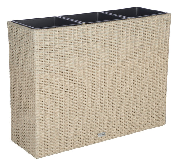 Safavieh RITA Flower Rack - Stylish Outdoor Planter with Wicker-Wrapped Metal Frame and Three Spacious Compartments Beige PAT7705B