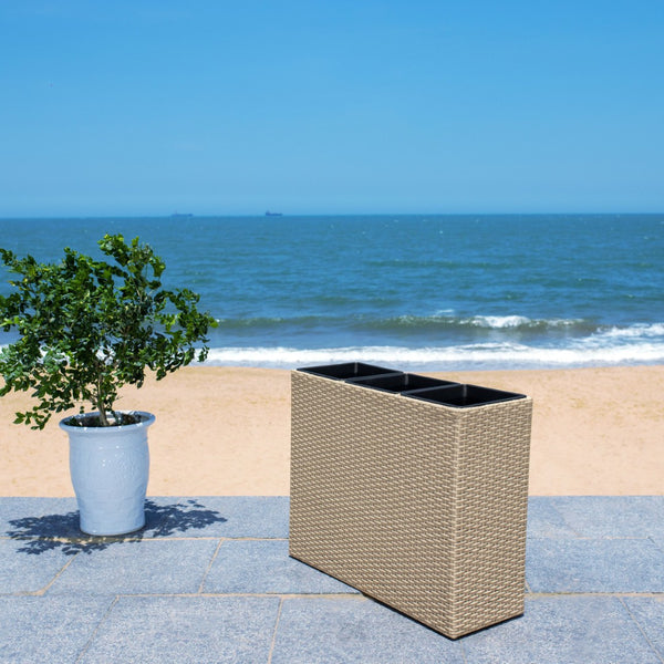 Safavieh RITA Flower Rack - Stylish Outdoor Planter with Wicker-Wrapped Metal Frame and Three Spacious Compartments Beige PAT7705B