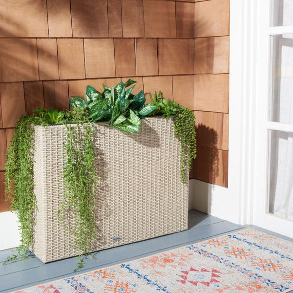 Safavieh RITA Flower Rack - Stylish Outdoor Planter with Wicker-Wrapped Metal Frame and Three Spacious Compartments Beige PAT7705B