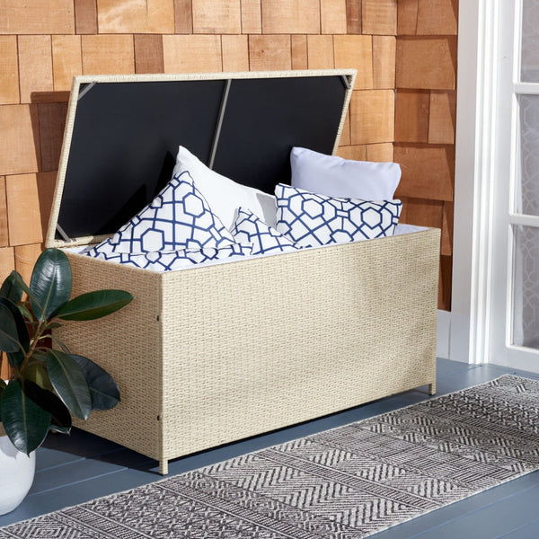 Safavieh OLIVEIRA Cushion Box - Stylish Weather-Resistant Storage Solution for Outdoor Cushions and Accessories Beige / White PAT7709B