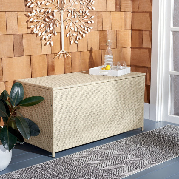 Safavieh OLIVEIRA Cushion Box - Stylish Weather-Resistant Storage Solution for Outdoor Cushions and Accessories Beige / White PAT7709B