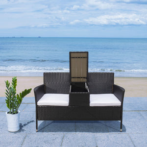 Safavieh VIORA Loveseat - Stylish Outdoor Seating with Plush Cushions and Integrated Storage for Comfort Black / White PAT7710A