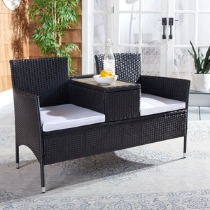 Safavieh VIORA Loveseat - Stylish Outdoor Seating with Plush Cushions and Integrated Storage for Comfort Black / White PAT7710A