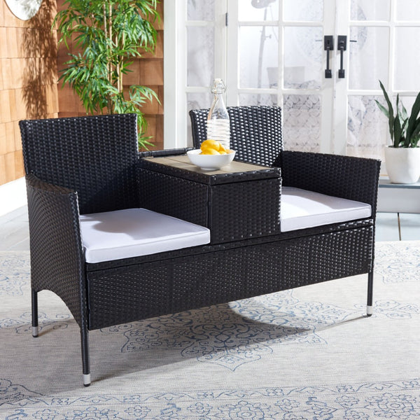 Safavieh VIORA Loveseat - Stylish Outdoor Seating with Plush Cushions and Integrated Storage for Comfort Black / White PAT7710A