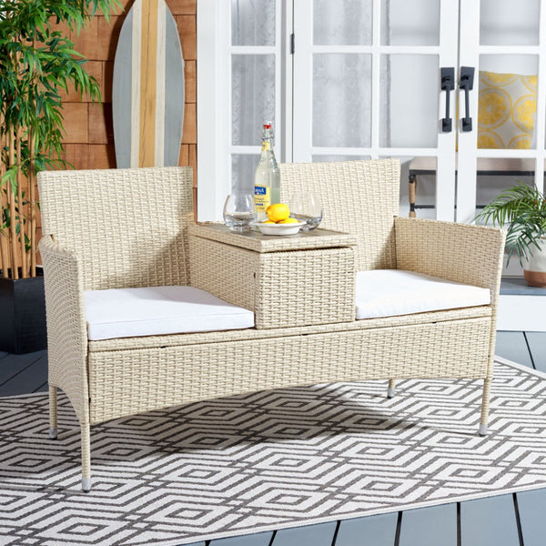 Safavieh VIORA Loveseat - Stylish Outdoor Seating with Plush Cushions and Integrated Storage for Comfort Beige / White PAT7710B
