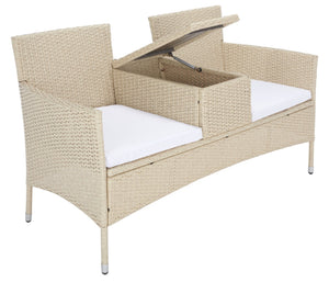 Safavieh VIORA Loveseat - Stylish Outdoor Seating with Plush Cushions and Integrated Storage for Comfort Beige / White PAT7710B