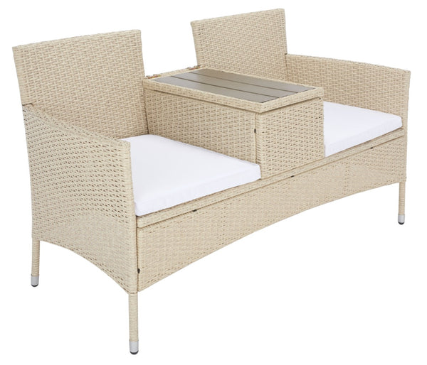 Safavieh VIORA Loveseat - Stylish Outdoor Seating with Plush Cushions and Integrated Storage for Comfort Beige / White PAT7710B
