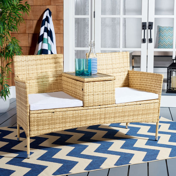 Safavieh VIORA Loveseat - Stylish Outdoor Seating with Plush Cushions and Integrated Storage for Comfort Natural / White PAT7710D