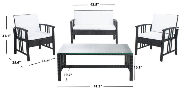 Safavieh RESLOR 4-Piece Outdoor Living Set for a Coastal Retreat - Modern Wicker Design with Plush Comfort Black / White PAT7713A