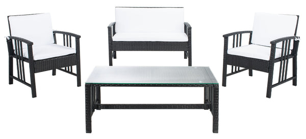 Safavieh RESLOR 4-Piece Outdoor Living Set for a Coastal Retreat - Modern Wicker Design with Plush Comfort Black / White PAT7713A