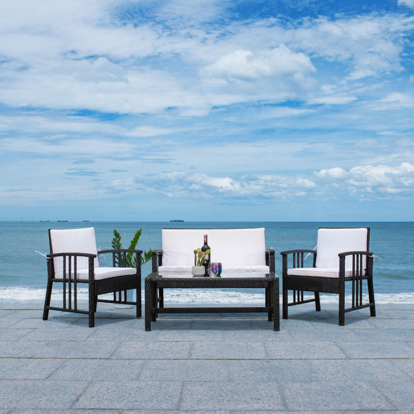 Safavieh RESLOR 4-Piece Outdoor Living Set for a Coastal Retreat - Modern Wicker Design with Plush Comfort Black / White PAT7713A