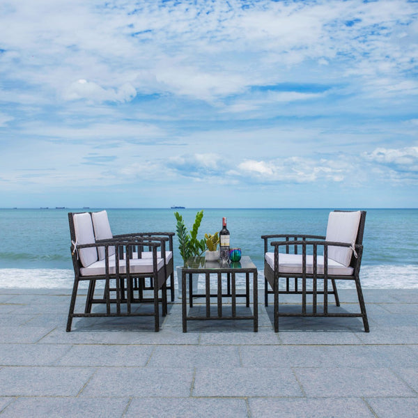 Safavieh RESLOR 4-Piece Outdoor Living Set for a Coastal Retreat - Modern Wicker Design with Plush Comfort Black / White PAT7713A