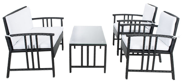 Safavieh RESLOR 4-Piece Outdoor Living Set for a Coastal Retreat - Modern Wicker Design with Plush Comfort Black / White PAT7713A