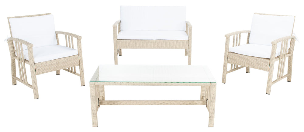 Safavieh RESLOR 4-Piece Outdoor Living Set for a Coastal Retreat - Modern Wicker Design with Plush Comfort Grey / White PAT7713B