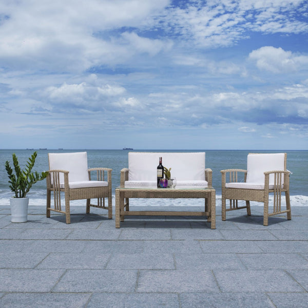 Safavieh RESLOR 4-Piece Outdoor Living Set for a Coastal Retreat - Modern Wicker Design with Plush Comfort Grey / White PAT7713B