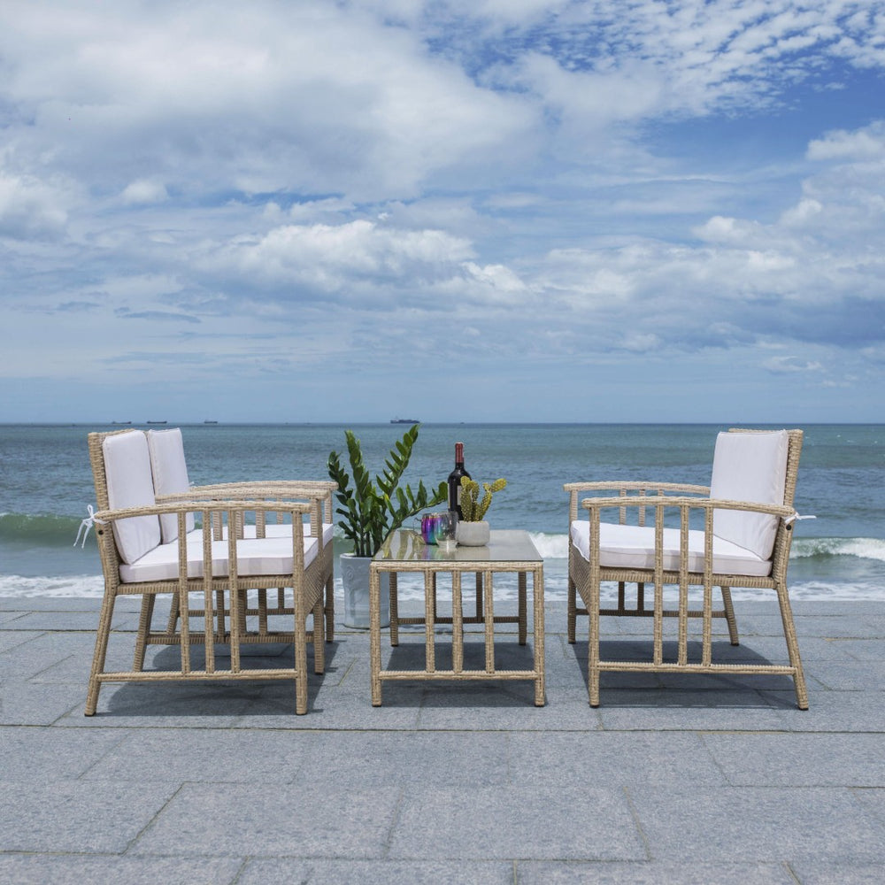Safavieh RESLOR 4-Piece Outdoor Living Set for a Coastal Retreat - Modern Wicker Design with Plush Comfort Grey / White PAT7713B