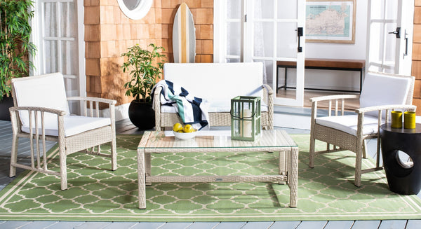 Safavieh RESLOR 4-Piece Outdoor Living Set for a Coastal Retreat - Modern Wicker Design with Plush Comfort Grey / White PAT7713B