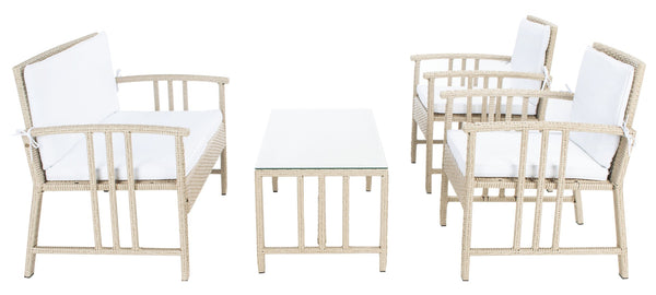Safavieh RESLOR 4-Piece Outdoor Living Set for a Coastal Retreat - Modern Wicker Design with Plush Comfort Grey / White PAT7713B