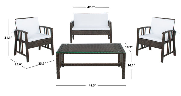 Safavieh RESLOR 4-Piece Outdoor Living Set for a Coastal Retreat - Modern Wicker Design with Plush Comfort Brown / White PAT7713C