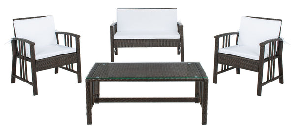 Safavieh RESLOR 4-Piece Outdoor Living Set for a Coastal Retreat - Modern Wicker Design with Plush Comfort Brown / White PAT7713C