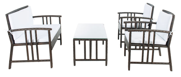 Safavieh RESLOR 4-Piece Outdoor Living Set for a Coastal Retreat - Modern Wicker Design with Plush Comfort Brown / White PAT7713C
