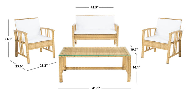 Safavieh RESLOR 4-Piece Outdoor Living Set for a Coastal Retreat - Modern Wicker Design with Plush Comfort Natural / White PAT7713D