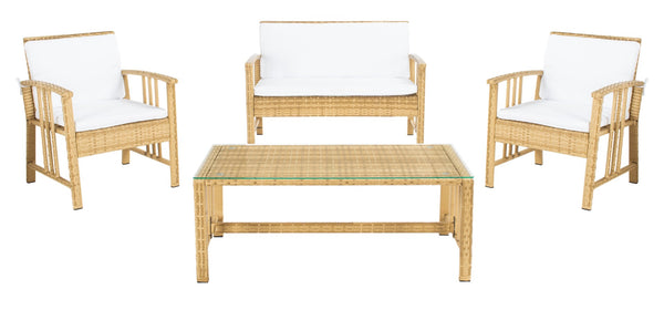 Safavieh RESLOR 4-Piece Outdoor Living Set for a Coastal Retreat - Modern Wicker Design with Plush Comfort Natural / White PAT7713D