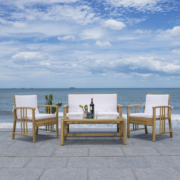 Safavieh RESLOR 4-Piece Outdoor Living Set for a Coastal Retreat - Modern Wicker Design with Plush Comfort Natural / White PAT7713D