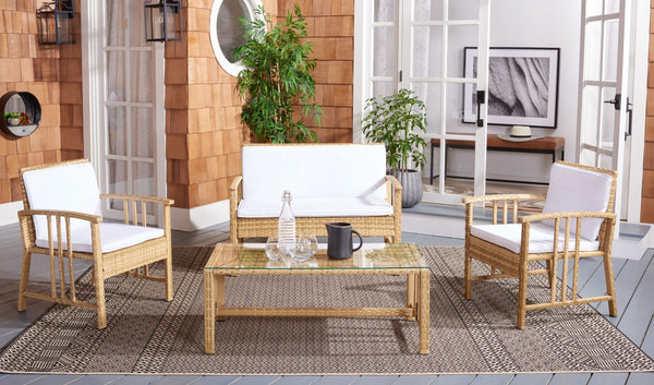 Safavieh RESLOR 4-Piece Outdoor Living Set for a Coastal Retreat - Modern Wicker Design with Plush Comfort Natural / White PAT7713D