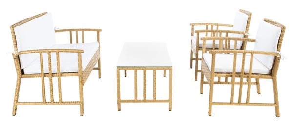 Safavieh RESLOR 4-Piece Outdoor Living Set for a Coastal Retreat - Modern Wicker Design with Plush Comfort Natural / White PAT7713D