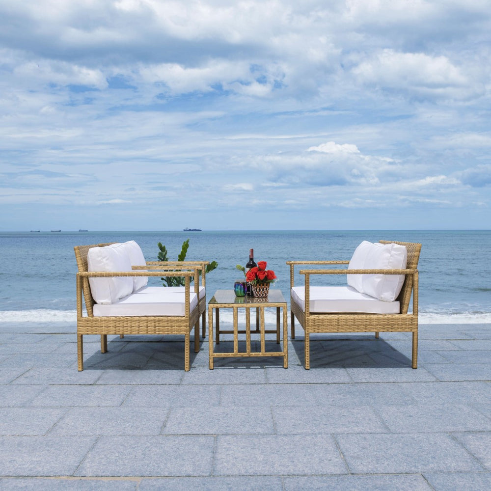 Safavieh GARNEN 4-Piece Outdoor Living Set for Stylish Entertaining – Modern Coastal Design with Comfort Natural / White PAT7714D