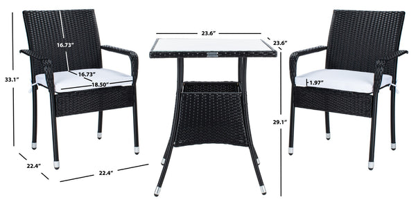 Safavieh LABAN Bistro Set - Elegant PE Rattan Chairs with Glass Table for Stylish Outdoor Dining & Relaxation Black / White PAT7718A