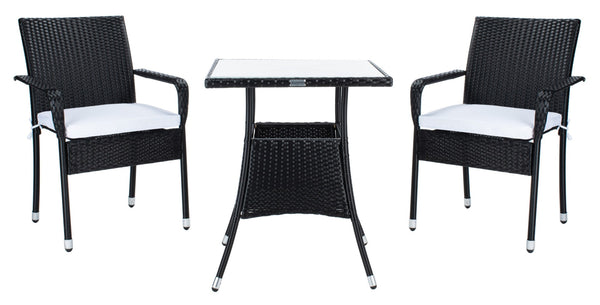Safavieh LABAN Bistro Set - Elegant PE Rattan Chairs with Glass Table for Stylish Outdoor Dining & Relaxation Black / White PAT7718A