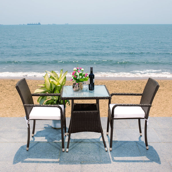 Safavieh LABAN Bistro Set - Elegant PE Rattan Chairs with Glass Table for Stylish Outdoor Dining & Relaxation Black / White PAT7718A