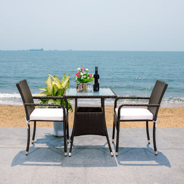 Safavieh LABAN Bistro Set - Elegant PE Rattan Chairs with Glass Table for Stylish Outdoor Dining & Relaxation Black / White PAT7718A