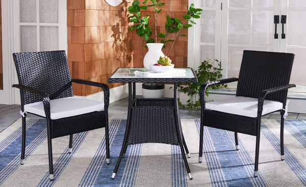 Safavieh LABAN Bistro Set - Elegant PE Rattan Chairs with Glass Table for Stylish Outdoor Dining & Relaxation Black / White PAT7718A