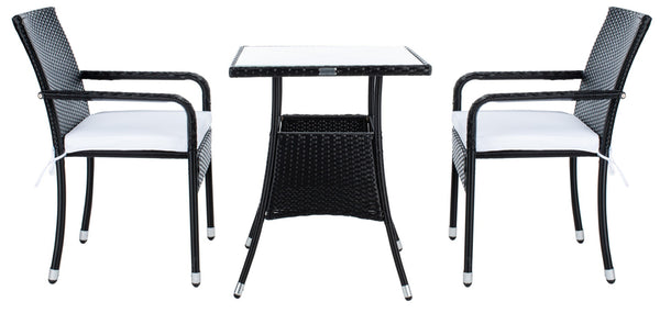 Safavieh LABAN Bistro Set - Elegant PE Rattan Chairs with Glass Table for Stylish Outdoor Dining & Relaxation Black / White PAT7718A