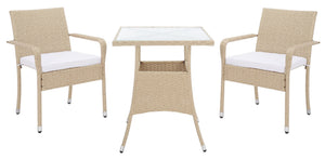 Safavieh LABAN Bistro Set - Elegant PE Rattan Chairs with Glass Table for Stylish Outdoor Dining & Relaxation Beige / White PAT7718B