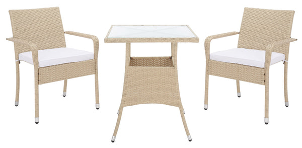 Safavieh LABAN Bistro Set - Elegant PE Rattan Chairs with Glass Table for Stylish Outdoor Dining & Relaxation Beige / White PAT7718B