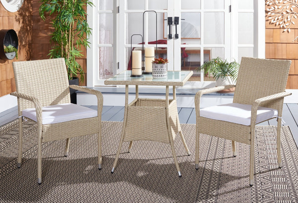 Safavieh LABAN Bistro Set - Elegant PE Rattan Chairs with Glass Table for Stylish Outdoor Dining & Relaxation Beige / White PAT7718B
