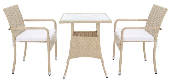 Safavieh LABAN Bistro Set - Elegant PE Rattan Chairs with Glass Table for Stylish Outdoor Dining & Relaxation Beige / White PAT7718B