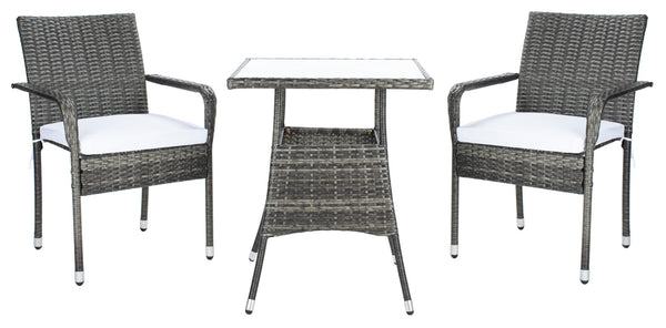 Safavieh LABAN Bistro Set - Elegant PE Rattan Chairs with Glass Table for Stylish Outdoor Dining & Relaxation Grey Brown / White PAT7718C