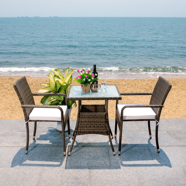 Safavieh LABAN Bistro Set - Elegant PE Rattan Chairs with Glass Table for Stylish Outdoor Dining & Relaxation Grey Brown / White PAT7718C